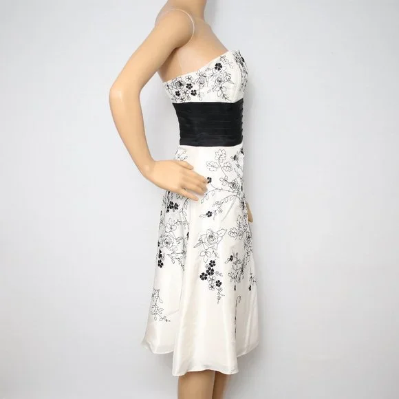 White House Black Market Rosy Embroidery Silk Cocktail Dress Sz 6 White Black - Picture 7 of 10